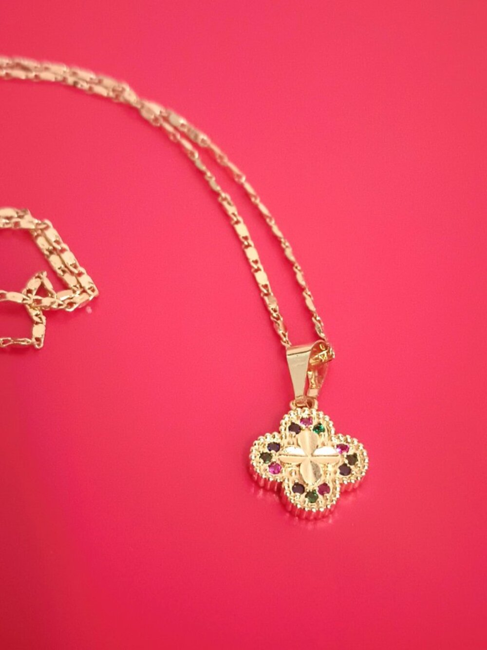 Etched Clover and Cross Pendant Necklace 18" Gold Tone w Tiny Multicolor Stones
